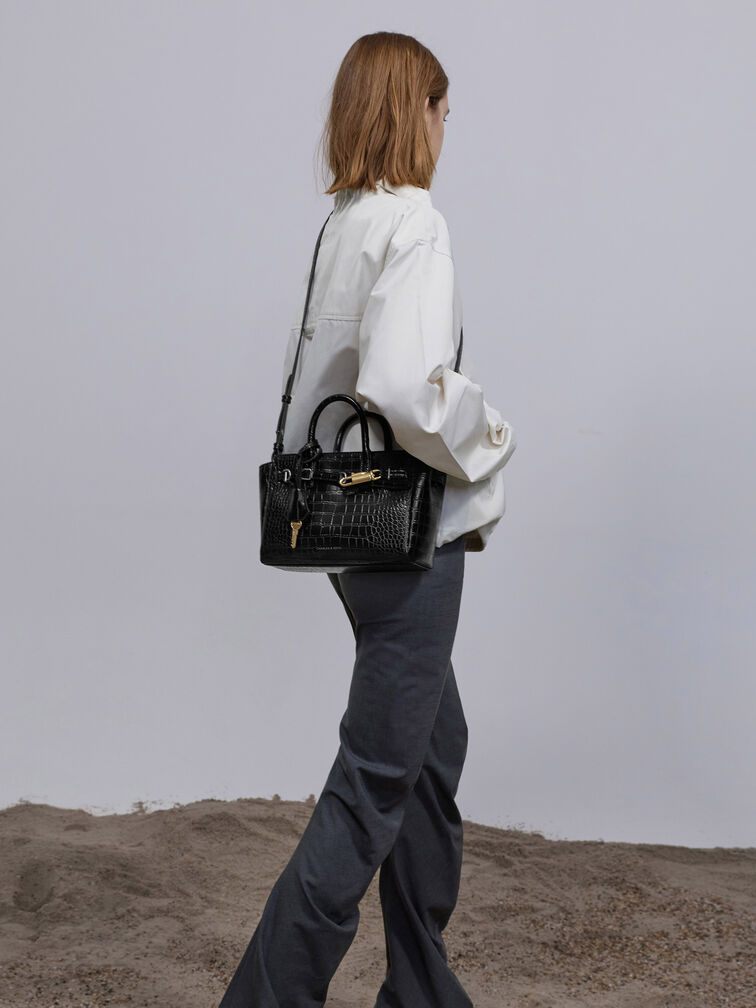 Mini Delfina Croc-Effect Belted Tote Bag, Black Croco, hi-res