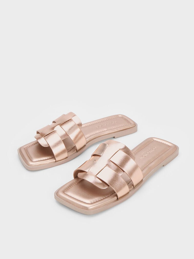 Sandalias entretejidas de cuero metalizado, Oro rosa, hi-res