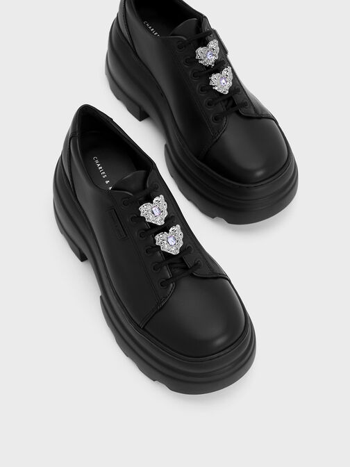 Crystal Heart-Motif Lace-Up Oxfords, Black, hi-res