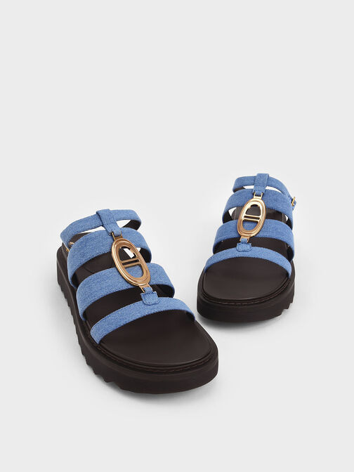 Metallic Accent Denim Flatform Gladiator Sandals, Blue, hi-res