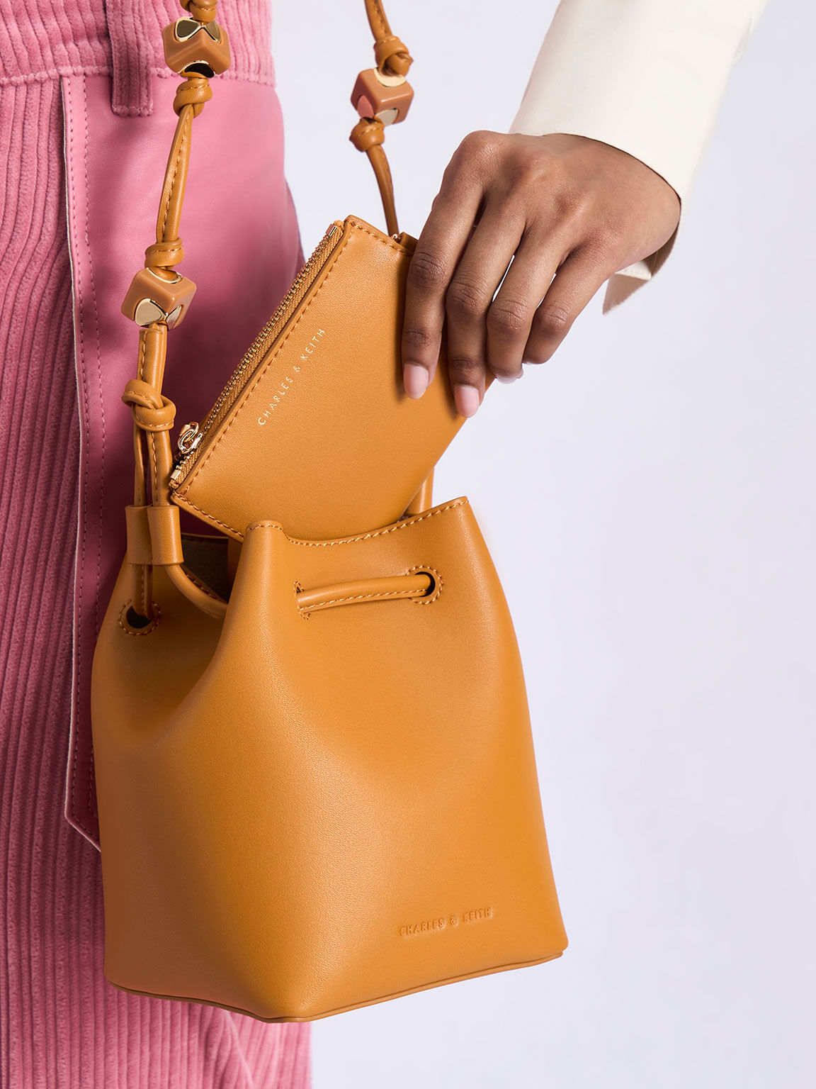Cube Knotted Bucket Bag, Orange, hi-res