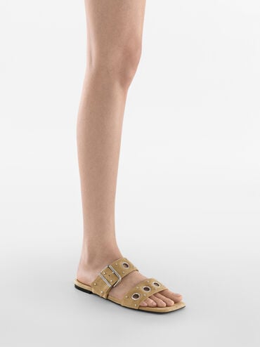 Sand&aacute;lias de camur&ccedil;a sint&eacute;tica com ilh&oacute;s e fivela, Areia, hi-res