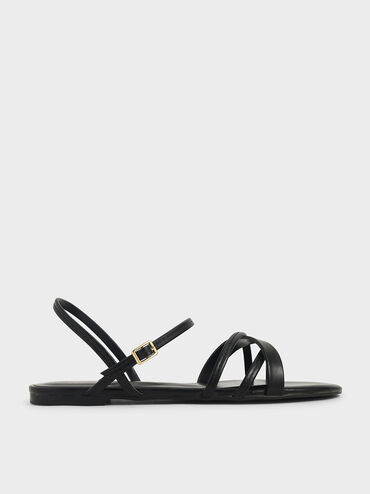 Criss-Cross Ankle Strap Flats, Black, hi-res