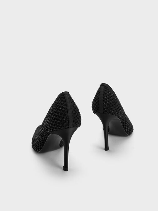 Mesh Crystal-Embellished Pointed-Toe Pumps, Black Textured, hi-res