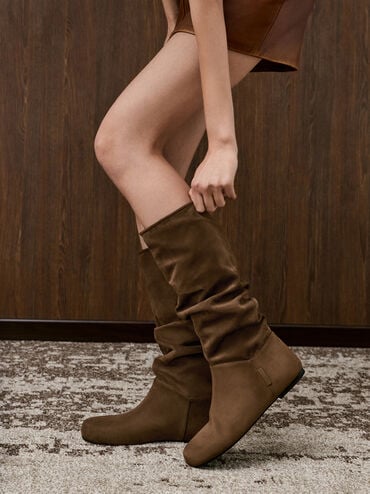 스웨이드 러치드 니 하이 부츠, 브라운, hi-res