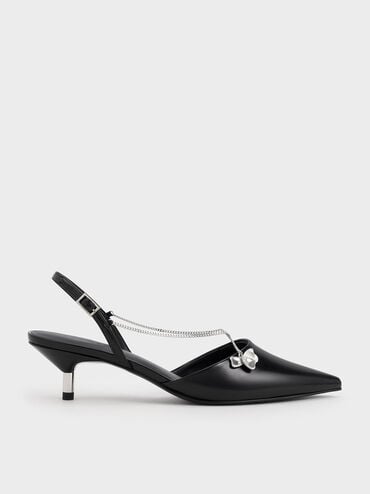 Zapatos de tacón bajo con cadena y detalle floral, Negro pulido, hi-res