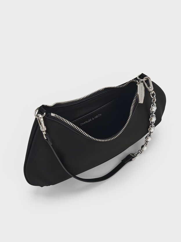 Sac port&eacute; &eacute;paule asym&eacute;trique &agrave; poign&eacute;e &agrave; cha&icirc;ne en satin Dion, Noir, hi-res