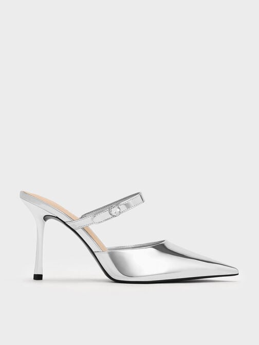 Metallic Crystal-Accent Stiletto-Heel Mules, Silver, hi-res