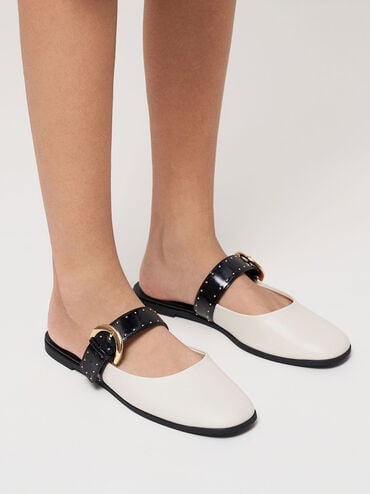 Studded Buckled Flat Mules, Chalk, hi-res