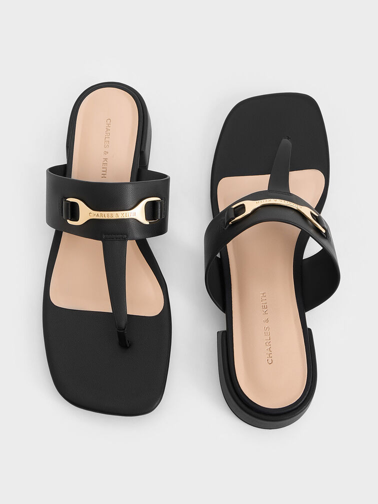 Leslie T-Bar Metallic Accent Thong Sandals, Black, hi-res