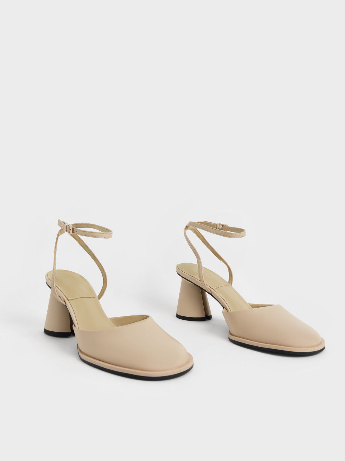 Leather Ankle-Strap Pumps, Beige, hi-res