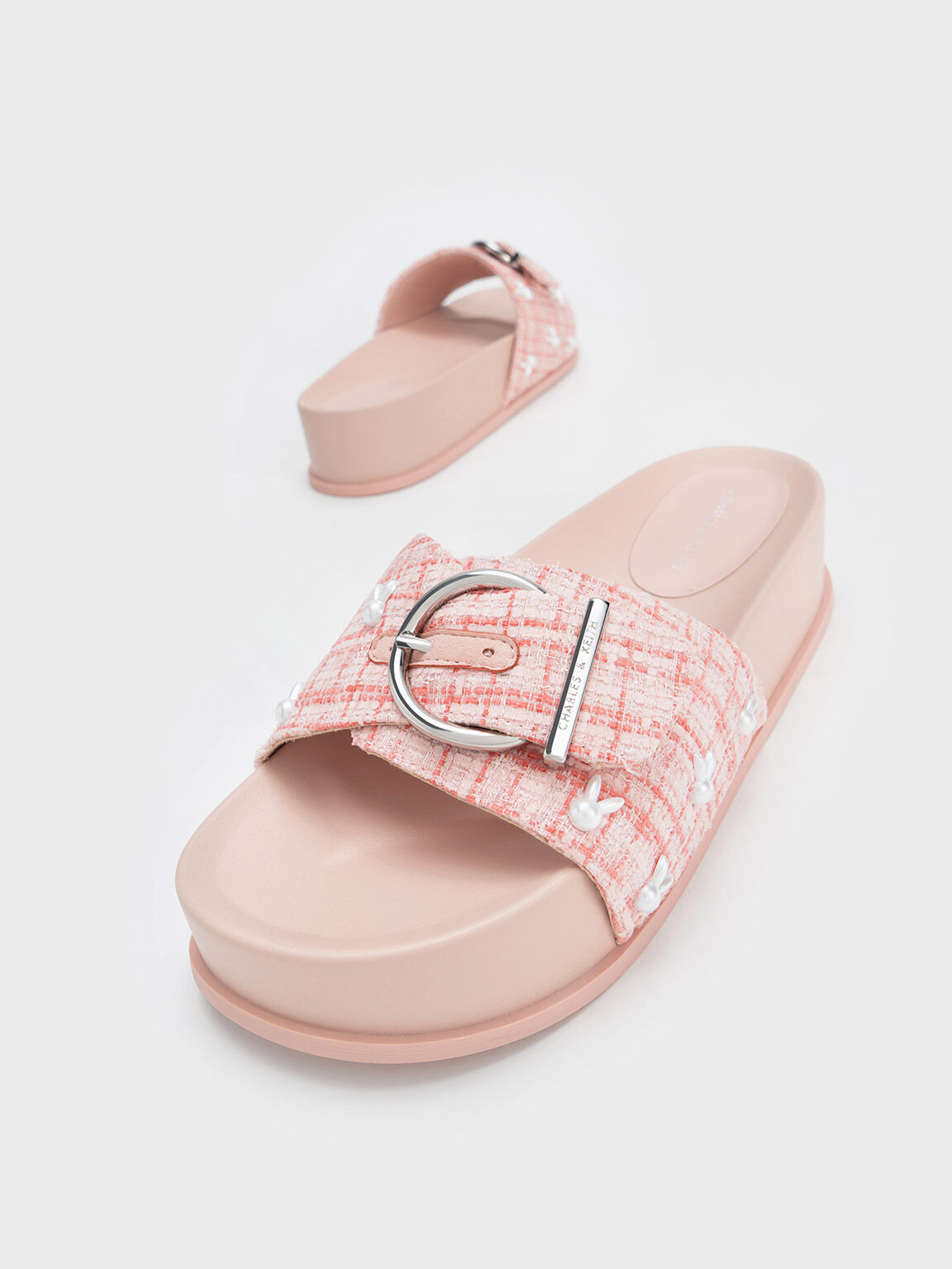 Bunny Tweed Buckled Slides, Pink, hi-res