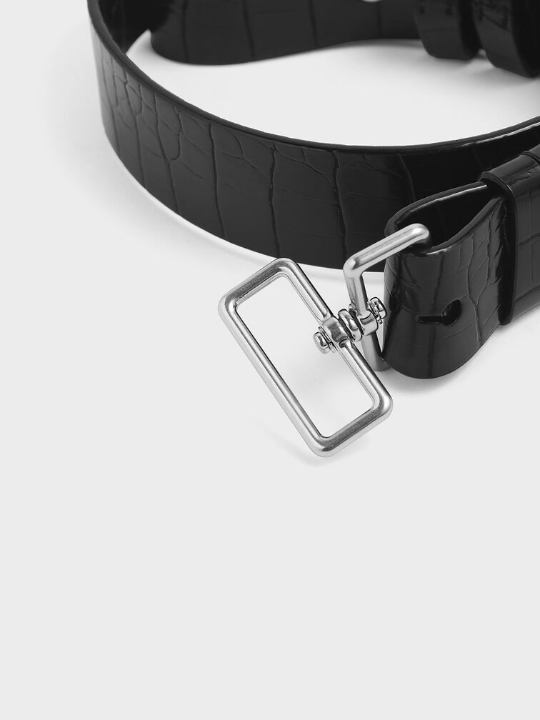 Croc-Effect Double Buckle Waist Belt, Black, hi-res