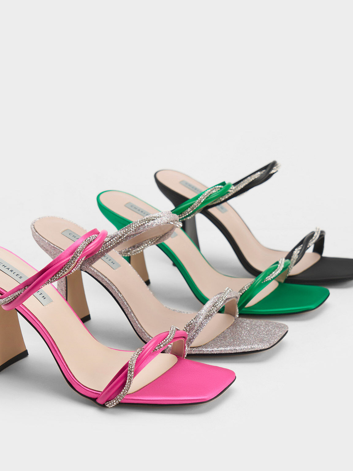 Embellished Twisted Strap Glittered Sandals, Silver, hi-res