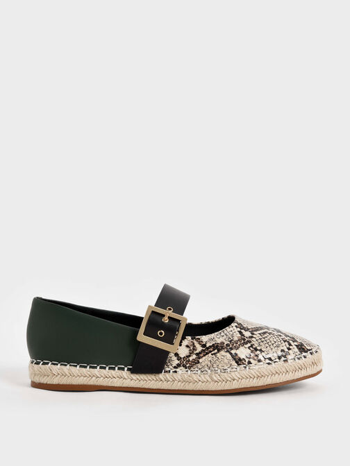 Snake-Print Buckled Espadrille Flats, Animal Print Natural, hi-res