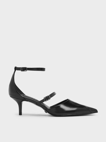 Zigzag Detail Leather Mary Jane Kitten Heels, Black, hi-res