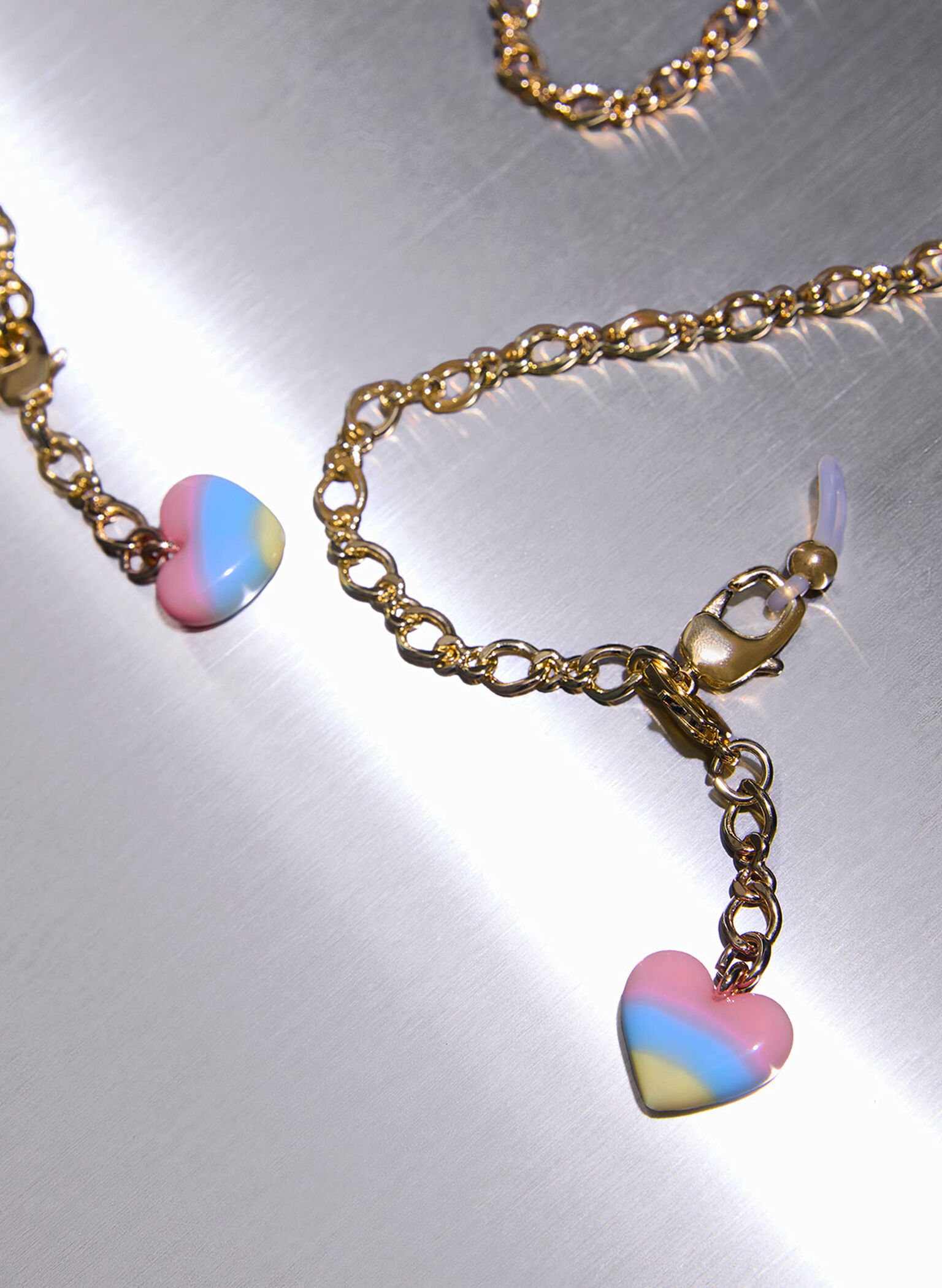 Rainbow Heart-Embellished Eyewear Chain, Gold, hi-res