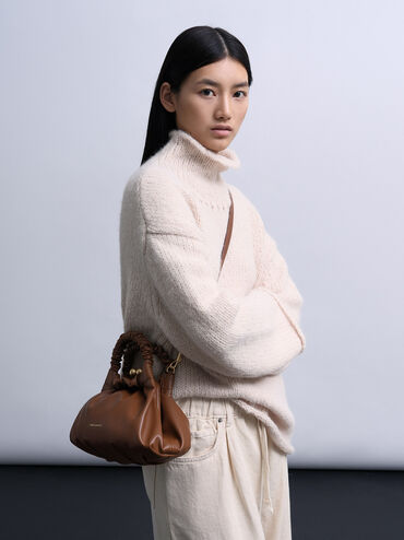 Bolso trapecio Eve con asa efecto arrugado, Marrón chocolate, hi-res