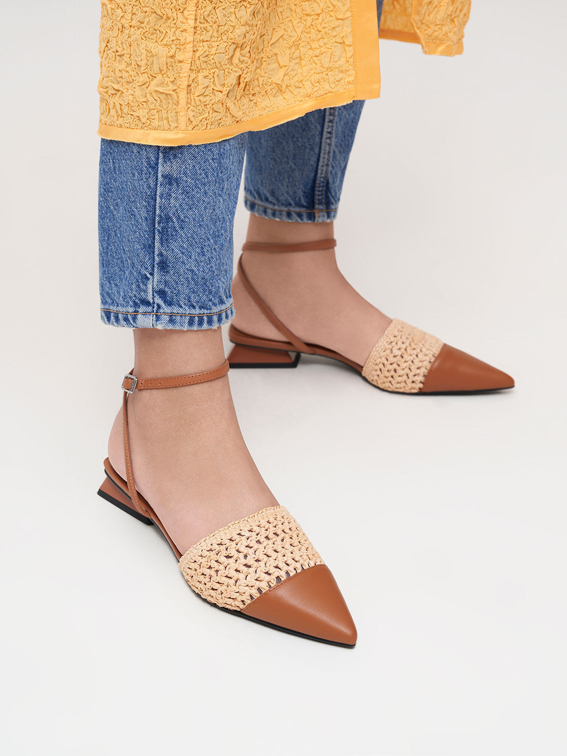 Leather & Raffia Ankle-Strap Pumps, Brown, hi-res