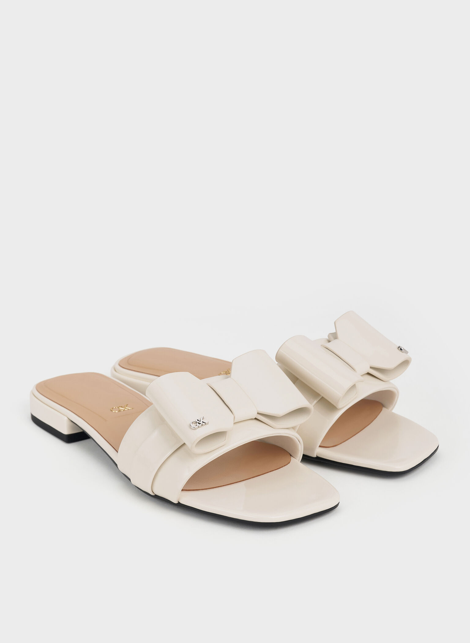 Lu Patent Leather Bow Slide Sandals, Chalk, hi-res