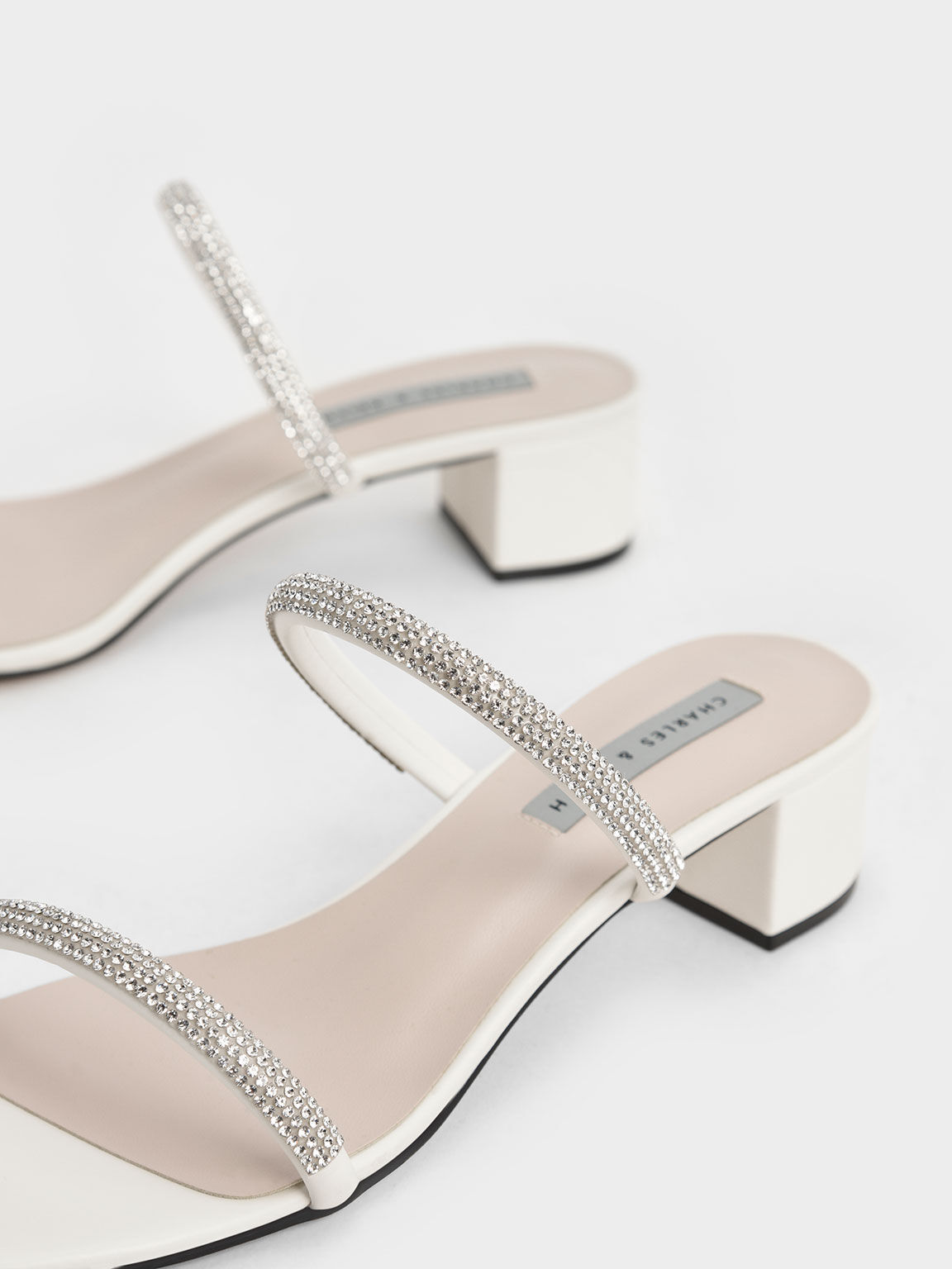 Gem-Encrusted Strappy Heeled Mules, Cream, hi-res