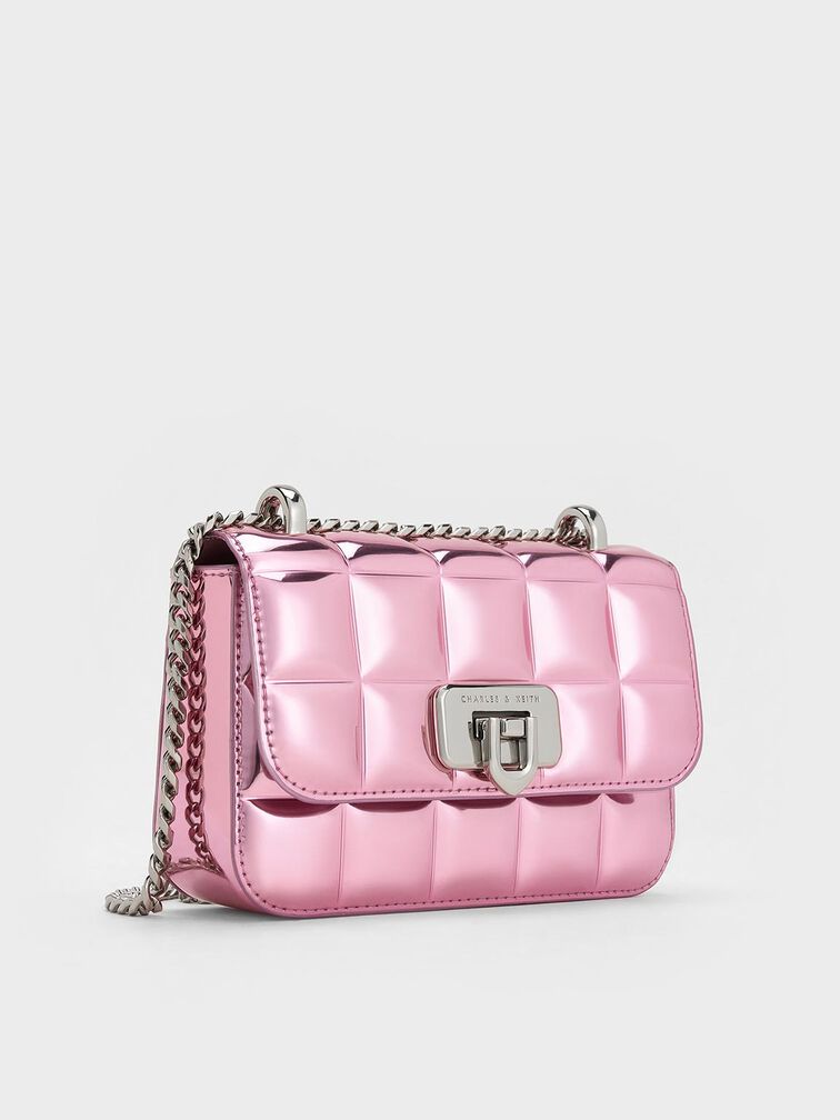 Bolso metÃ¡lico acolchado cuadrado con asa de cadena, Rosa, hi-res