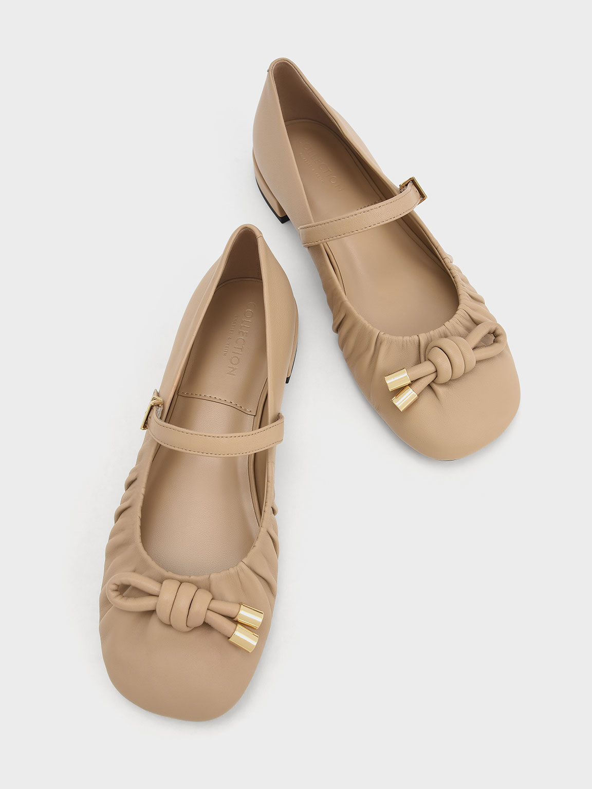 Leather Knotted Ruched Mary Jane Flats, Nude, hi-res