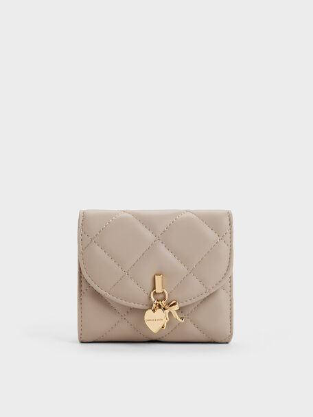 Arrietty Quilted Curved-Flap Wallet, Taupe, hi-res
