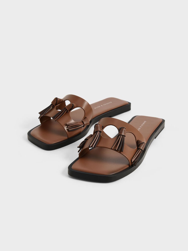 Fringe Detail Slide Sandals, Brown, hi-res