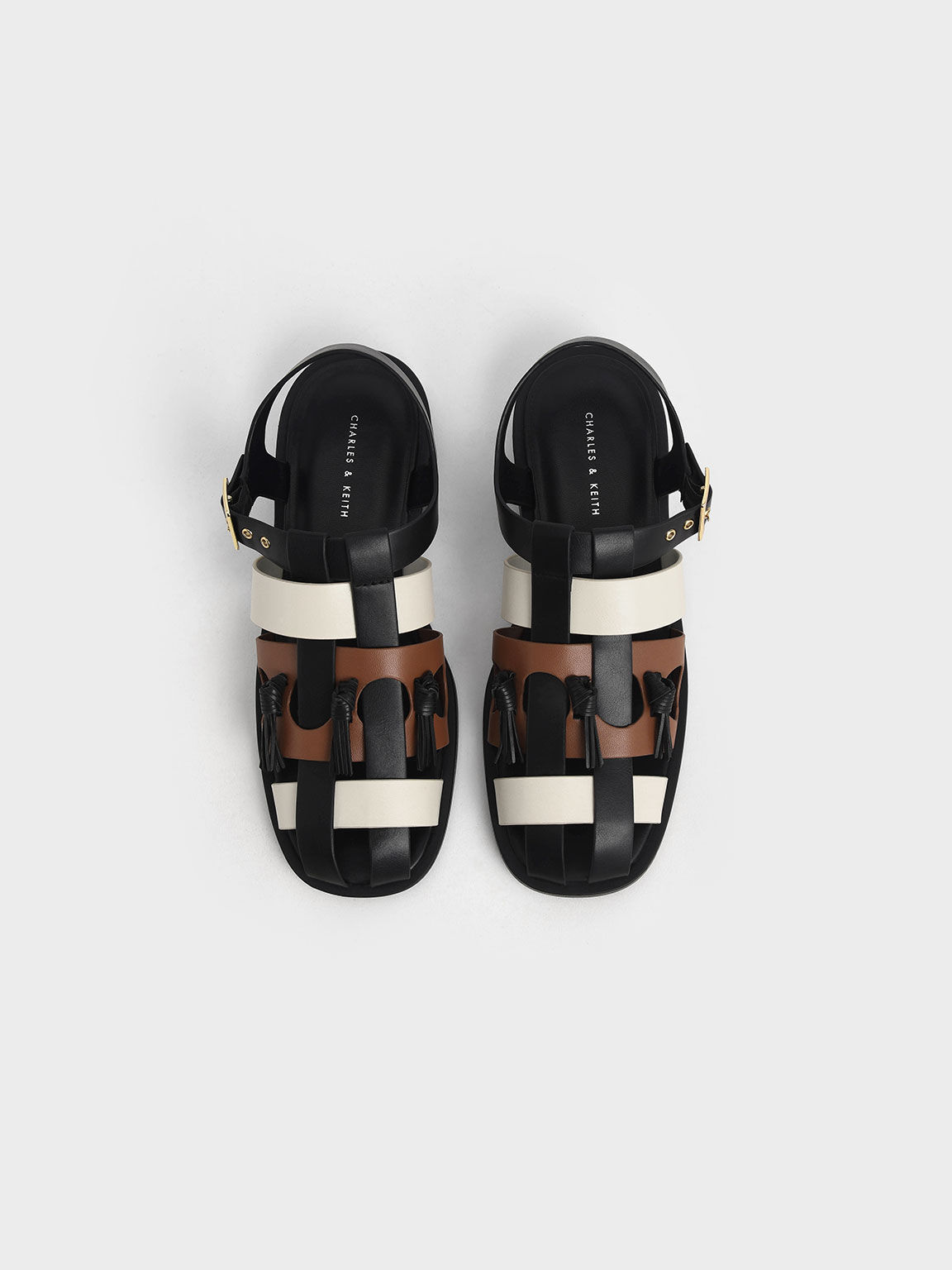 Fringe Detail Caged Sandals, Black, hi-res