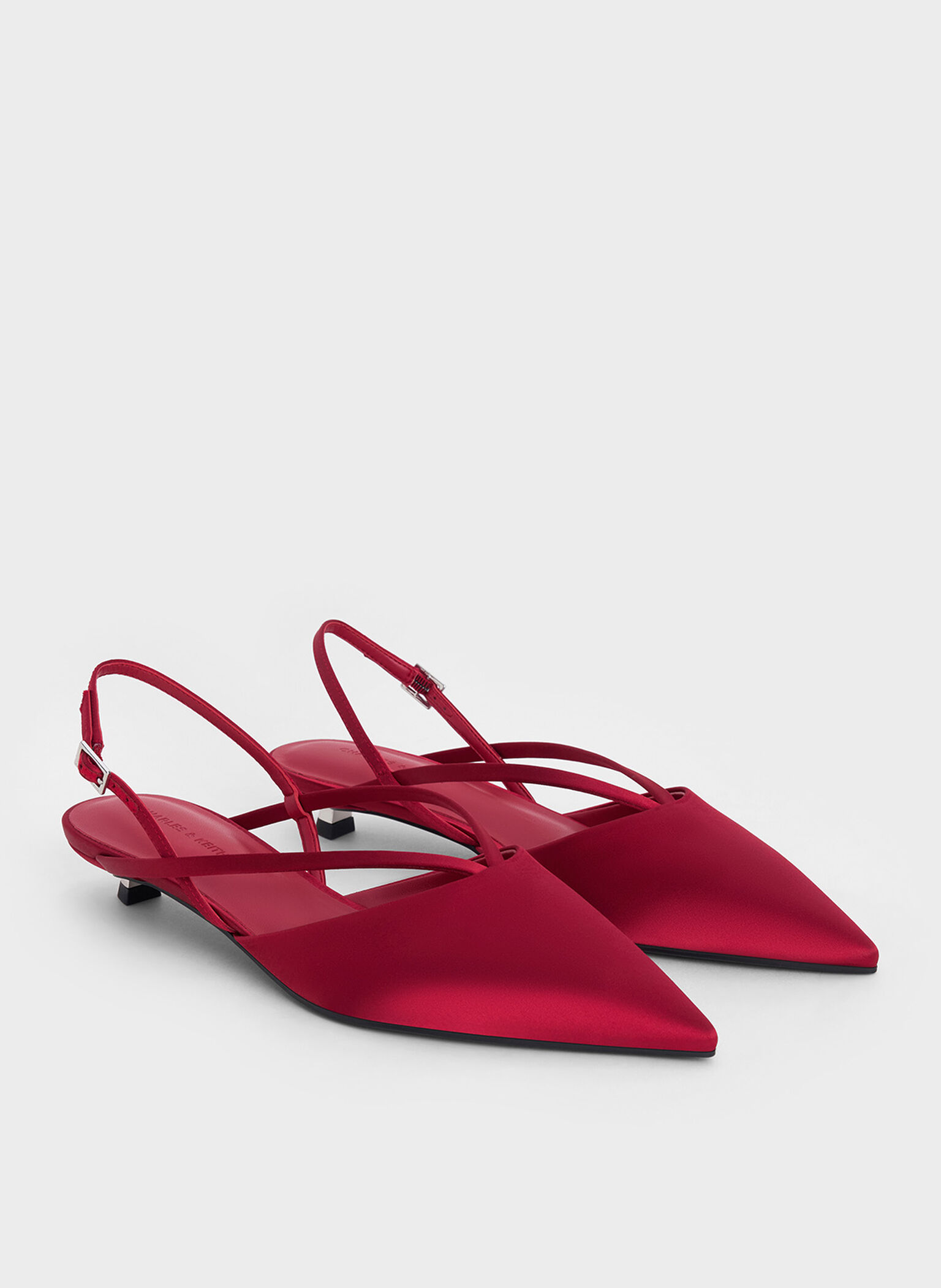 Satin V-Strap Pointed-Toe Slingback Kitten Heels, Red, hi-res