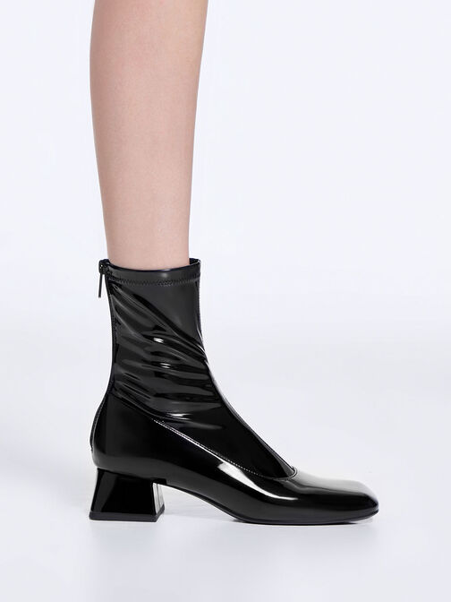 Patent Trapeze Block Heel Ankle Boots, Black Patent, hi-res