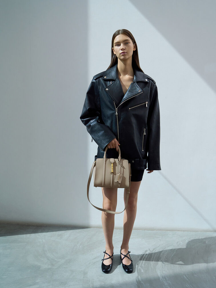 Bolso tote Cesia con acento metálico, Gris pardo, hi-res
