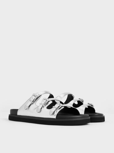 Metallic Buckled Triple-Strap Sandals, Silver, hi-res