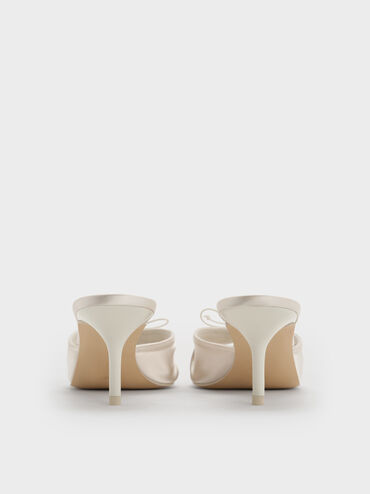 Satin Ruched Bow Heeled Mules, Chalk, hi-res
