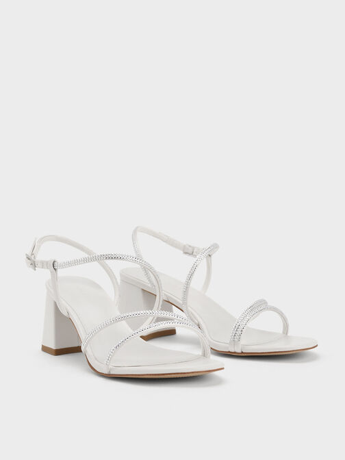 Satin Crystal-Embellished Strappy Sandals, White, hi-res