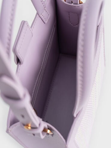 撞色編織手提包, 紫丁香色, hi-res