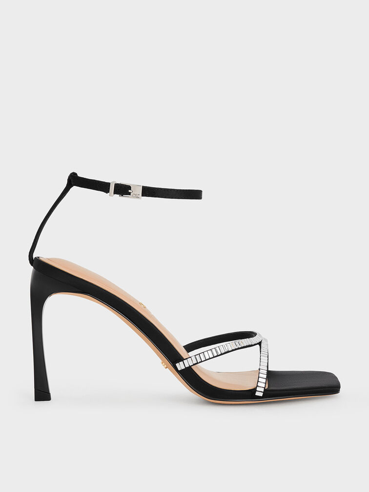 Recycled Polyester Crystal-Embellished Ankle-Strap Sandals, Black Textured, hi-res