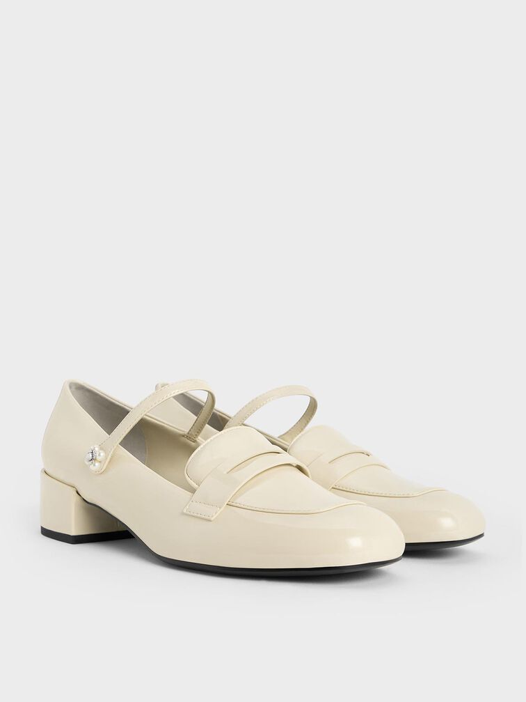 Patent Pearl-Embellished Flower-Buckle Mary Jane Loafers, Chalk, hi-res