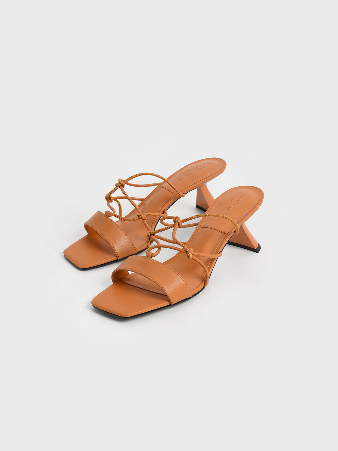 Strappy Leather Sculptural Heel Sandals, Orange, hi-res