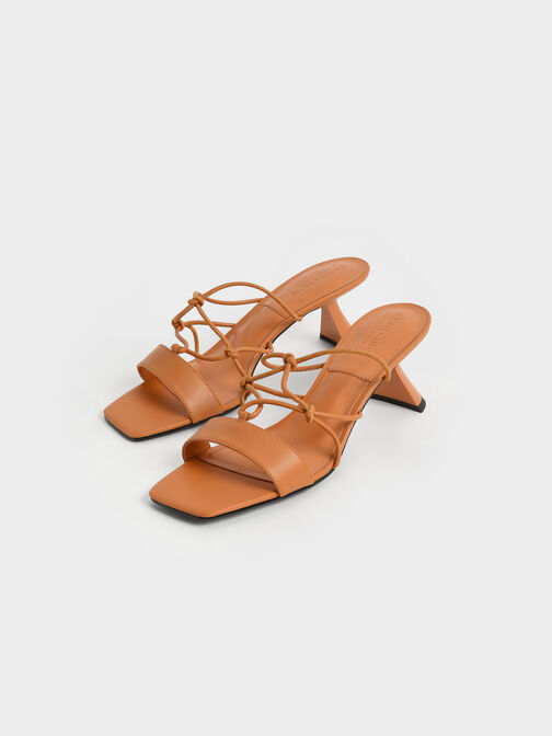 Strappy Leather Sculptural Heel Sandals, Orange, hi-res