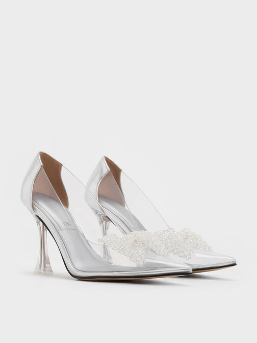 See-Through Beaded Bow Pumps, Clear, hi-res