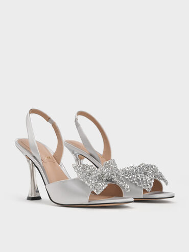 Recycled Polyester Beaded Bow Slingback Pumps, Silver, hi-res