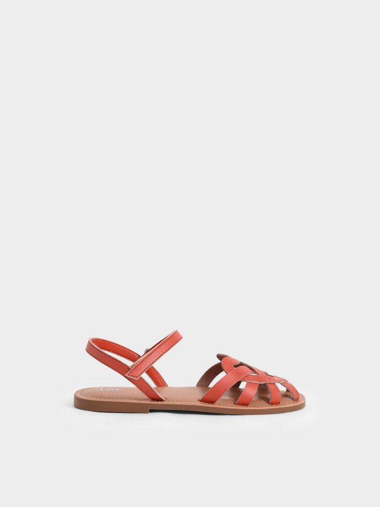 Girls' Caged Ankle-Strap Sandals, Orange, hi-res