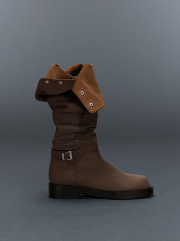 Ellis Faux Suede Ruched Buckled Fold-Over Thigh-High Boots, Dark Brown Textured, hi-res