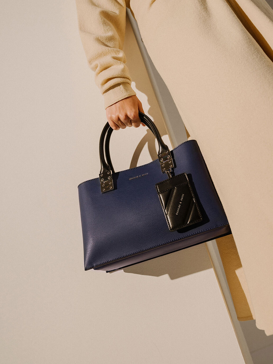 Dark Blue Double Top Handle Structured Bag | CHARLES & KEITH NZ