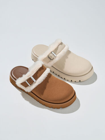 Hannah Textured Fur-Trim Buckled Mules, Brown, hi-res
