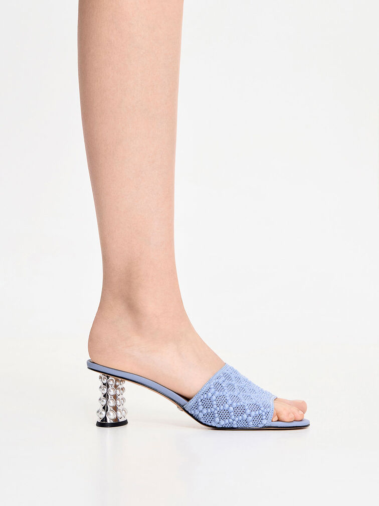 Beaded Heel Crochet Mules, Blue, hi-res