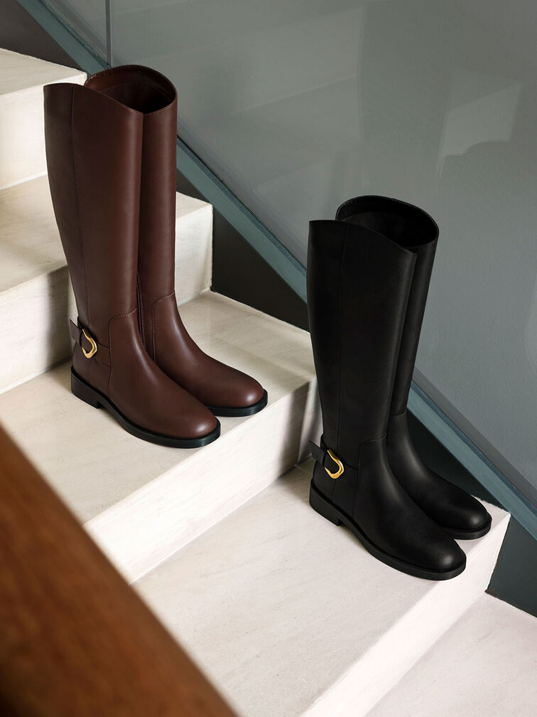 Brown Gabine Leather Knee-High Boots - CHARLES & KEITH US