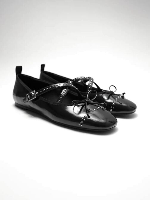 Studded Crossover-Strap Mary Jane Flats, Black Box, hi-res